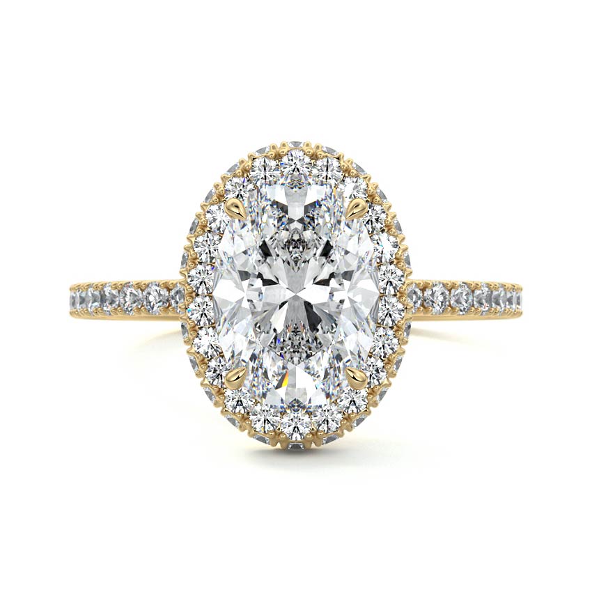 Yellow gold Oval Diamond Double Halo Engagement Ring with Pave Band