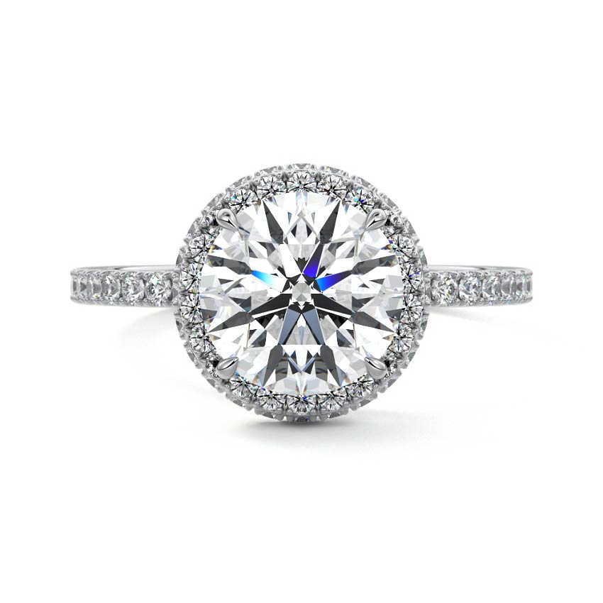 White gold Round Diamond Double Halo Engagement Ring with Pave Band