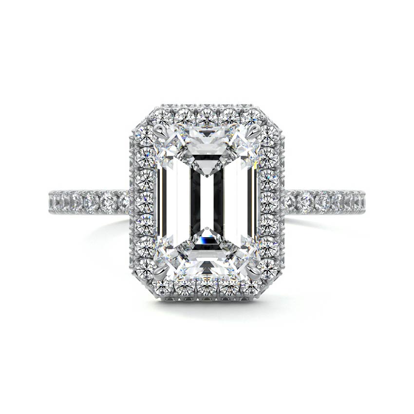White gold Emerald Diamond Double Halo Engagement Ring with Pave Band