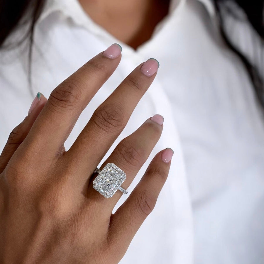 Silver Radiant Diamond Double Halo Engagement Ring with Pave Band