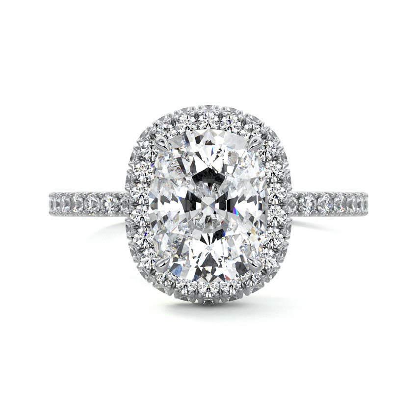 Silver Cushion Diamond Double Halo Engagement Ring with Pave Band