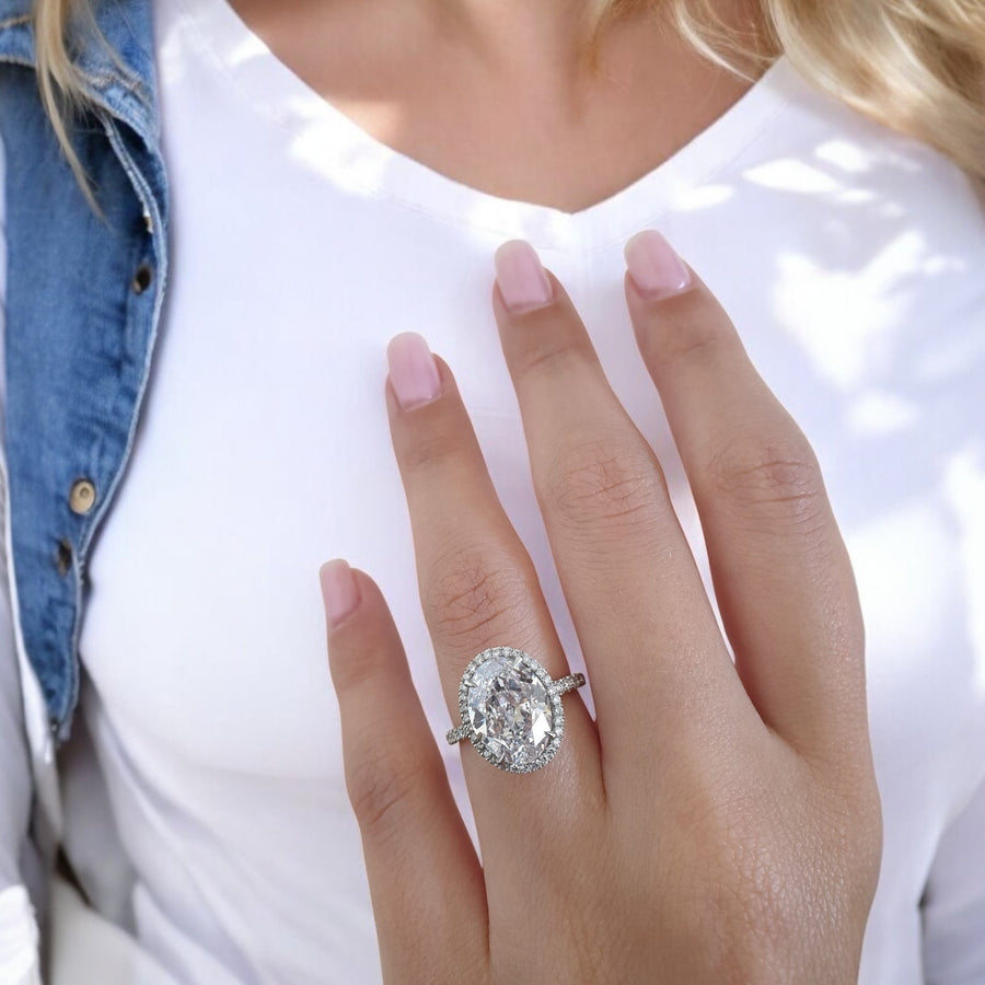 Platinum Oval Diamond Double Halo Engagement Ring with Pave Band