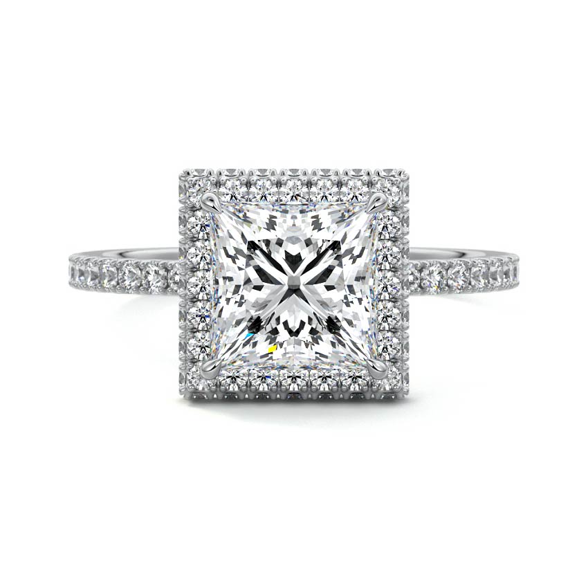 Platinum Princess Diamond Double Halo Engagement Ring with Pave Band
