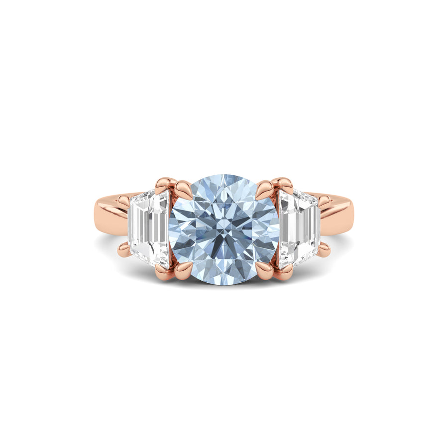 Rose gold Three-Stone Fancy Blue Round Cut Diamond Ring with Step-Cut Side Stones