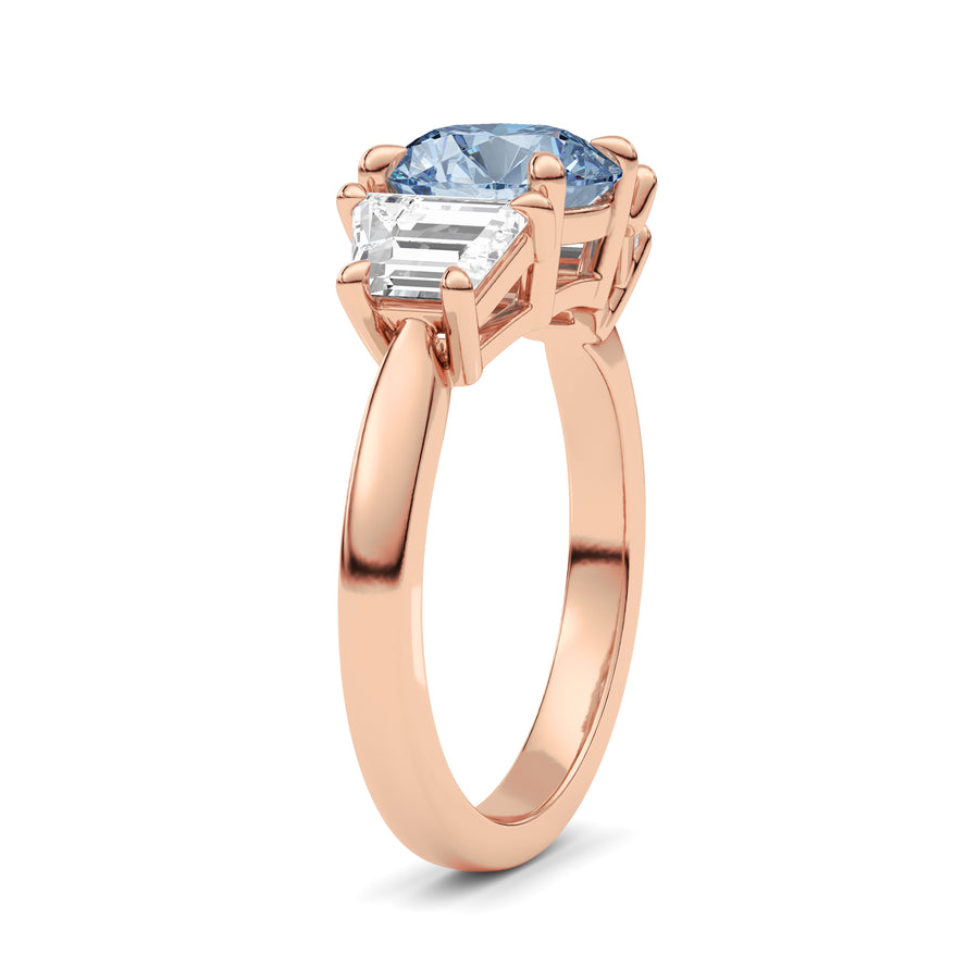 Rose gold Three-Stone Fancy Blue Round Cut Diamond Ring with Step-Cut Side Stones