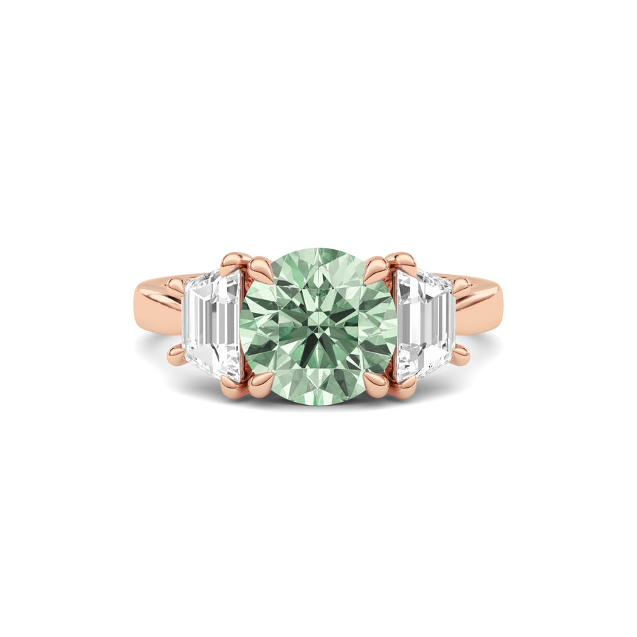 Rose gold Three-Stone Fancy Green Round Cut Diamond Ring with Step-Cut Side Stones