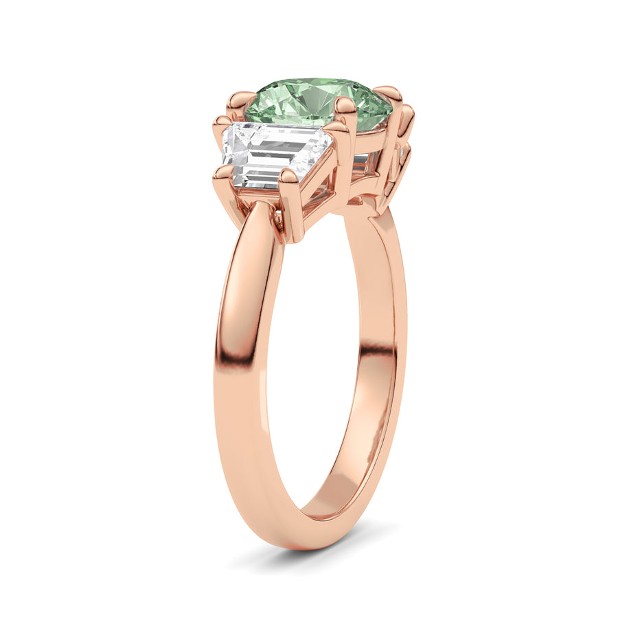 Rose gold Three-Stone Fancy Green Round Cut Diamond Ring with Step-Cut Side Stones