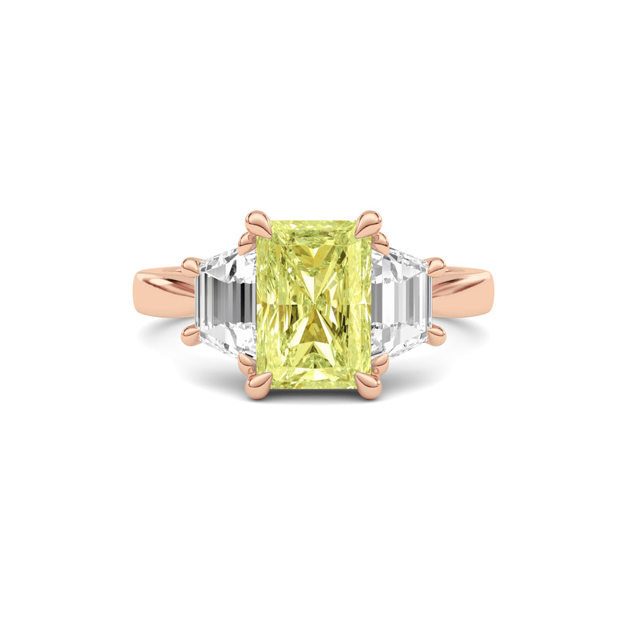 Rose gold Three-Stone Fancy Yellow Radiant Cut Diamond Ring with Step-Cut Side Stones