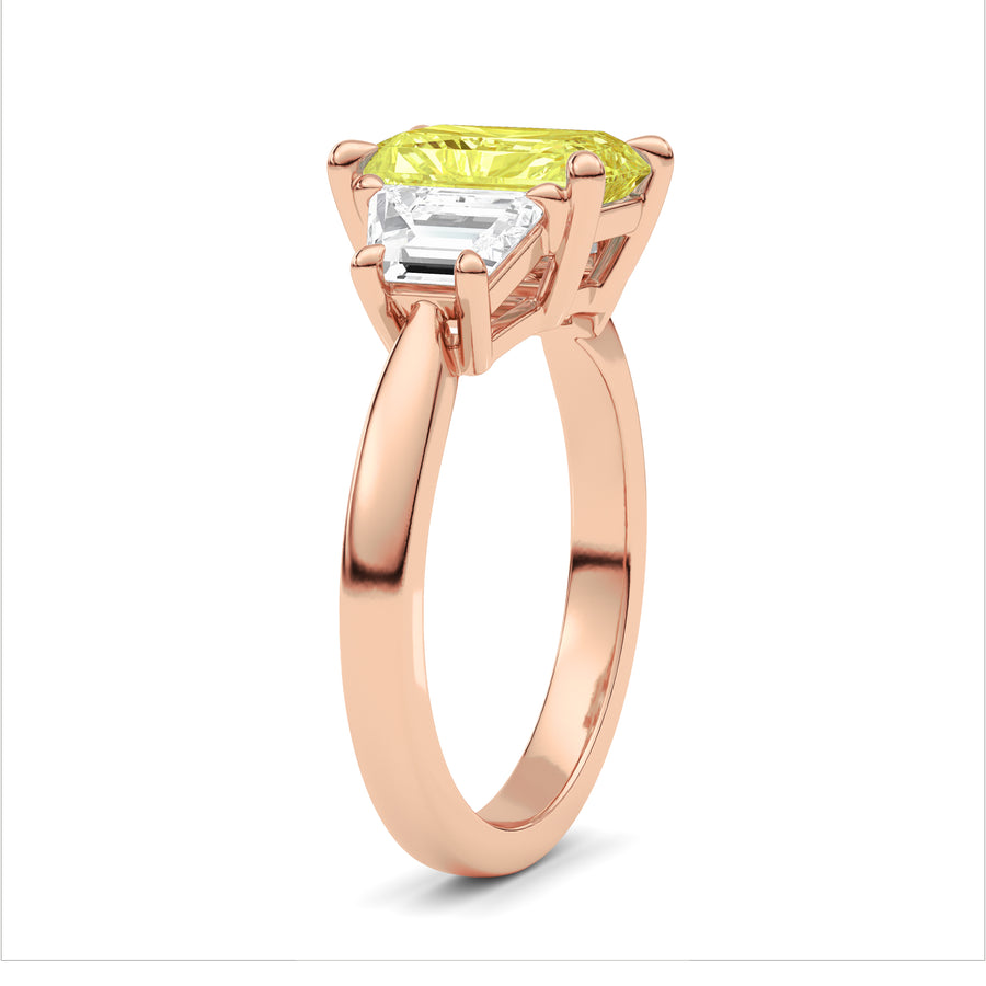 Rose gold Three-Stone Fancy Yellow Radiant Cut Diamond Ring with Step-Cut Side Stones