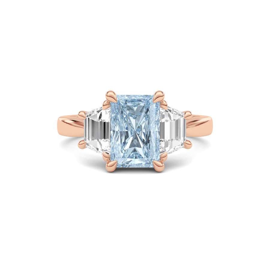 Rose gold Three-Stone Fancy Blue Radiant Cut Diamond Ring with Step-Cut Side Stones