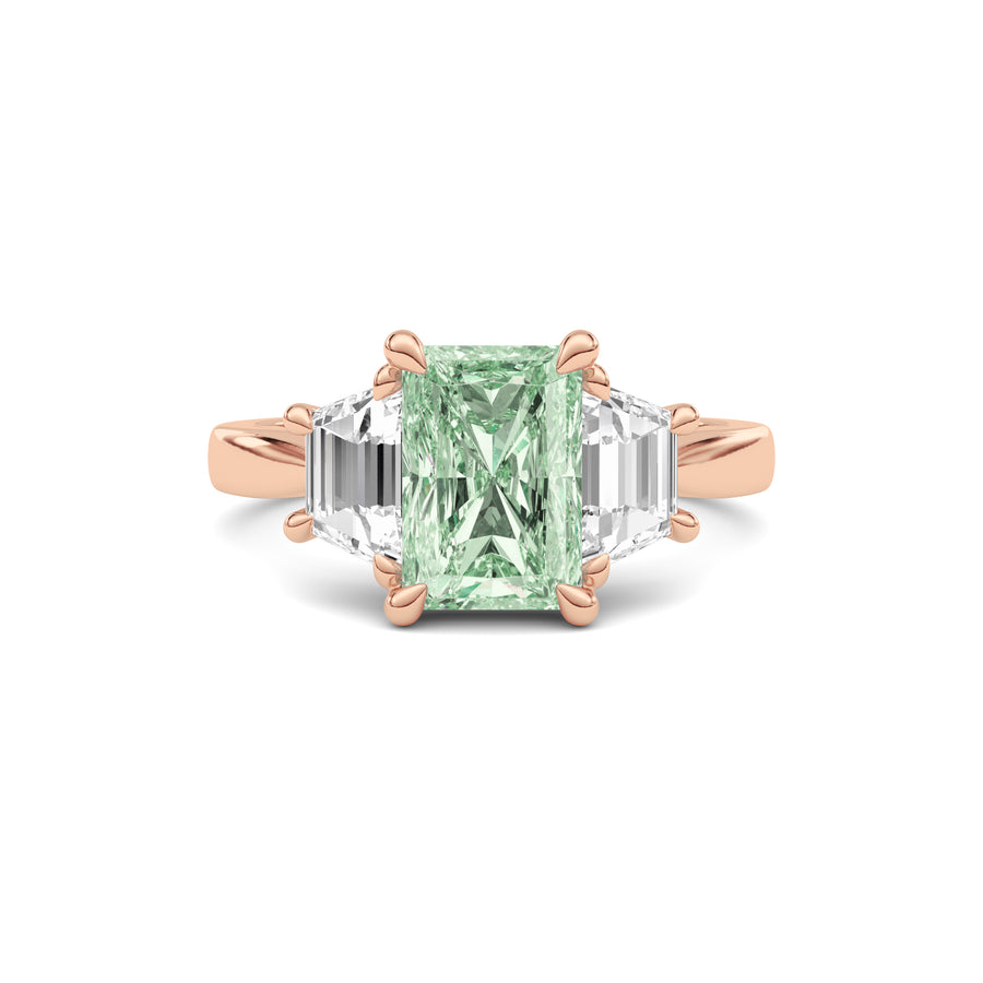 Rose gold Three-Stone Fancy Green Radiant Cut Diamond Ring with Step-Cut Side Stones