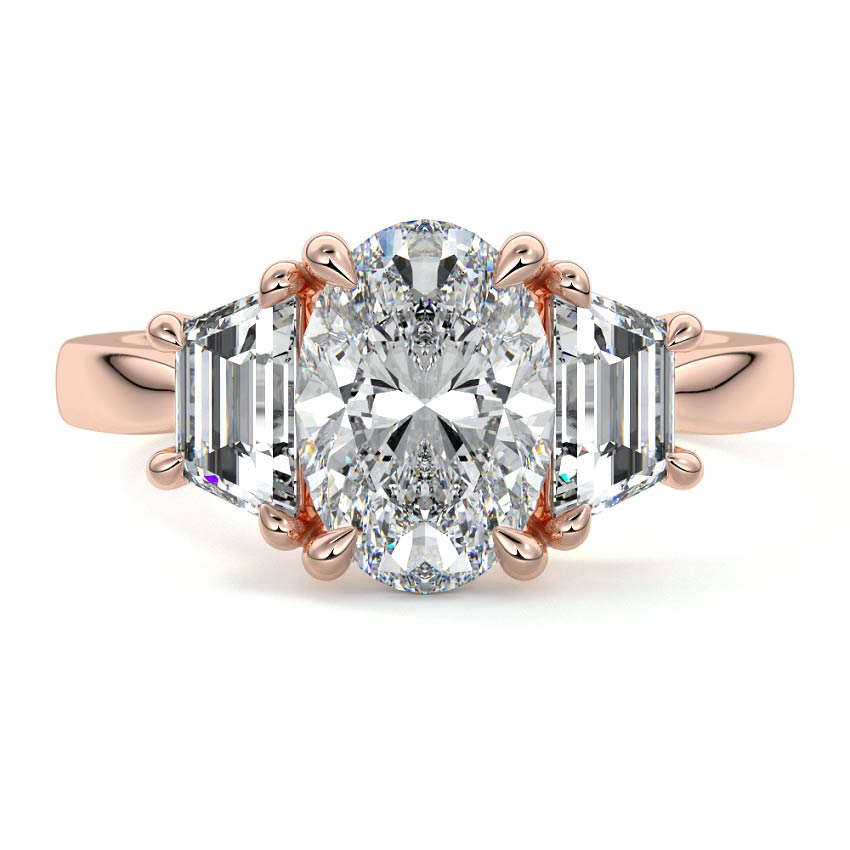Rose gold Three-Stone Oval Diamond Ring with Step-Cut Side Stones