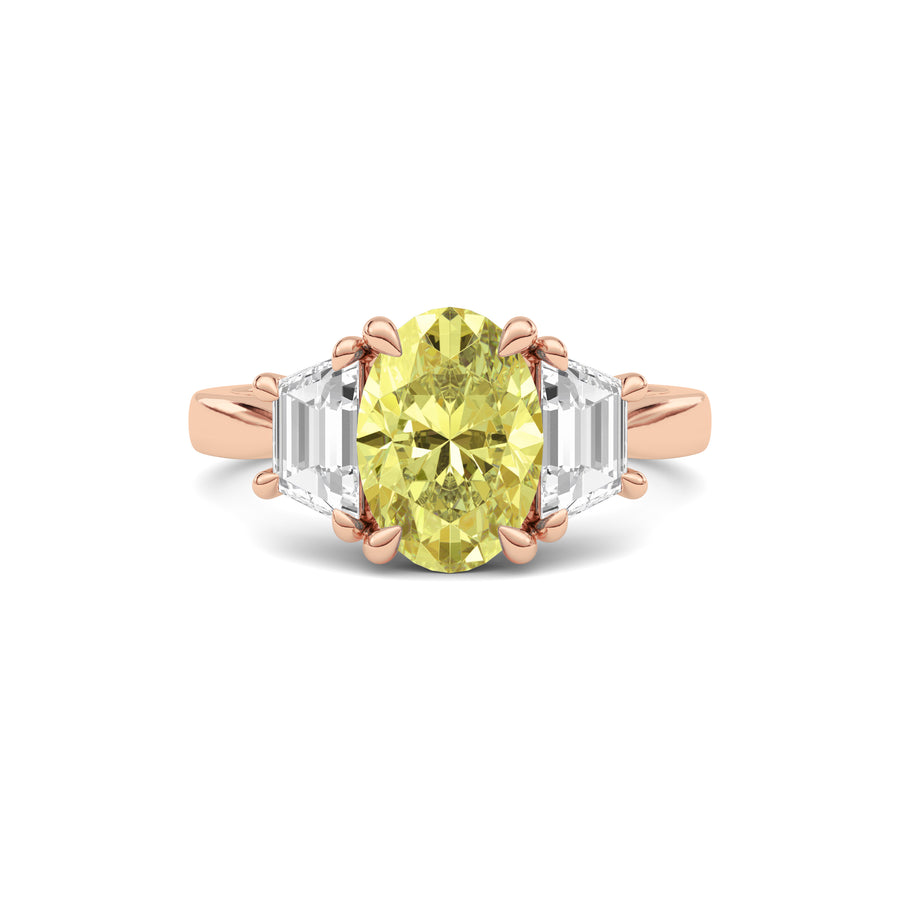 Rose gold Three-Stone Fancy Yellow Oval Cut Diamond Ring with Step-Cut Side Stones