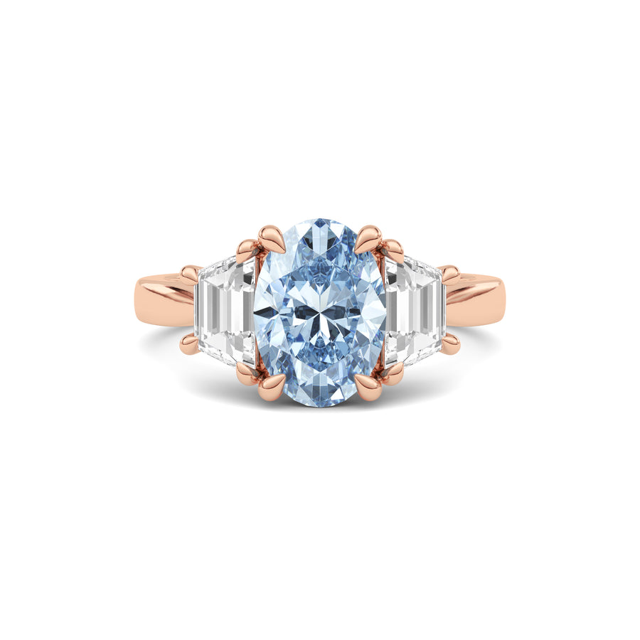 Rose gold Three-Stone Fancy Blue Oval Cut Diamond Ring with Step-Cut Side Stones