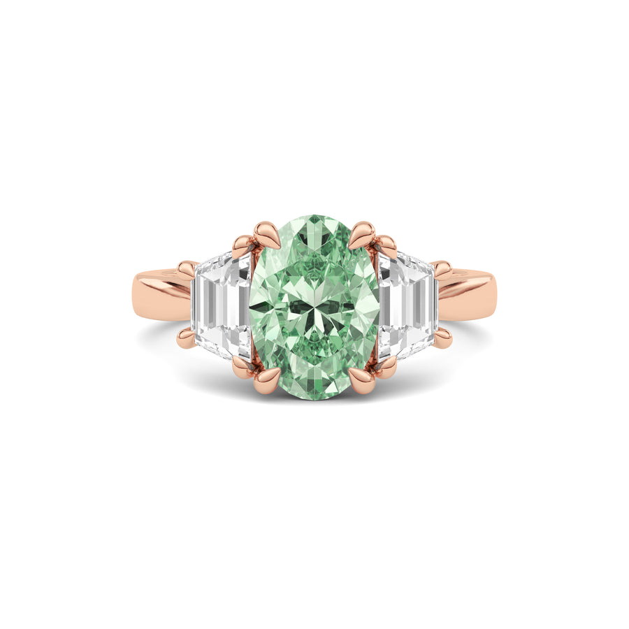 Rose gold Three-Stone Fancy Green Oval Cut Diamond Ring with Step-Cut Side Stones