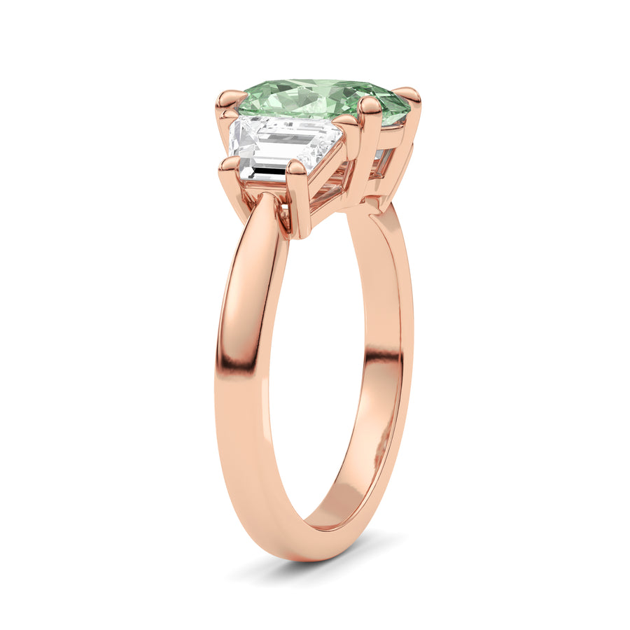 Rose gold Three-Stone Fancy Green Oval Cut Diamond Ring with Step-Cut Side Stones