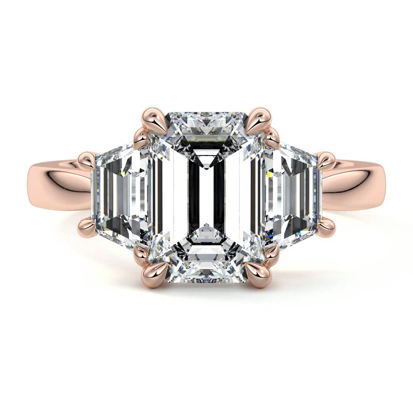 Rose gold Three-Stone Emerald Diamond Ring with Step-Cut Side Stones