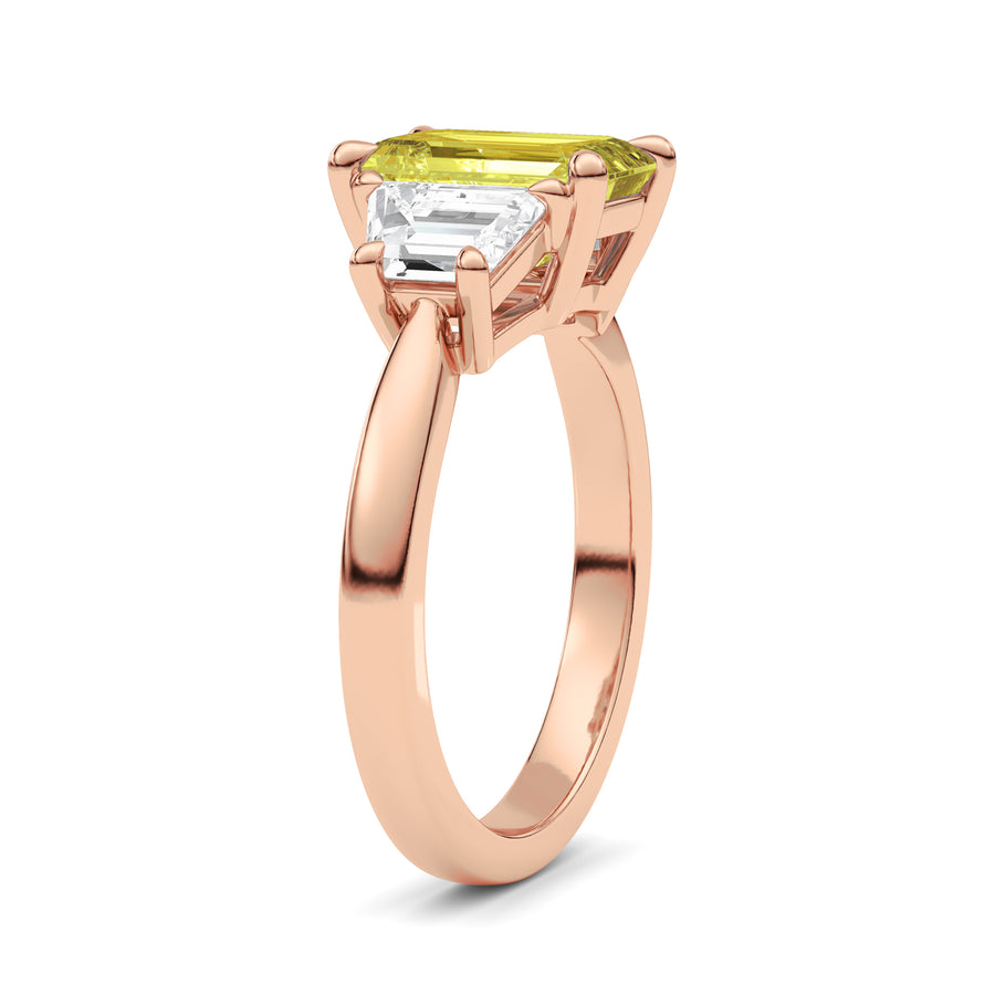 Rose gold Three-Stone Fancy Yellow Emerald Cut Diamond Ring with Step-Cut Side Stones