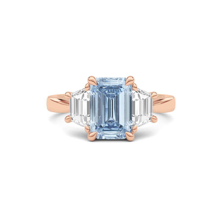 Rose gold Three-Stone Fancy Blue Emerald Cut Diamond Ring with Step-Cut Side Stones