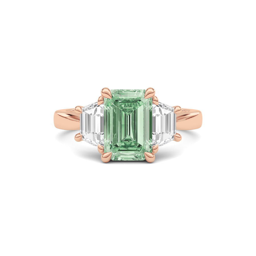 Rose gold Three-Stone Fancy Green Emerald Cut Diamond Ring with Step-Cut Side Stones