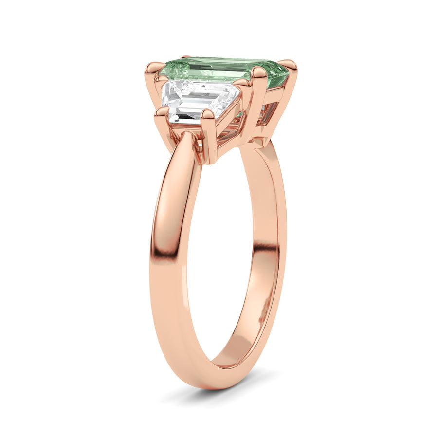 Rose gold Three-Stone Fancy Green Emerald Cut Diamond Ring with Step-Cut Side Stones
