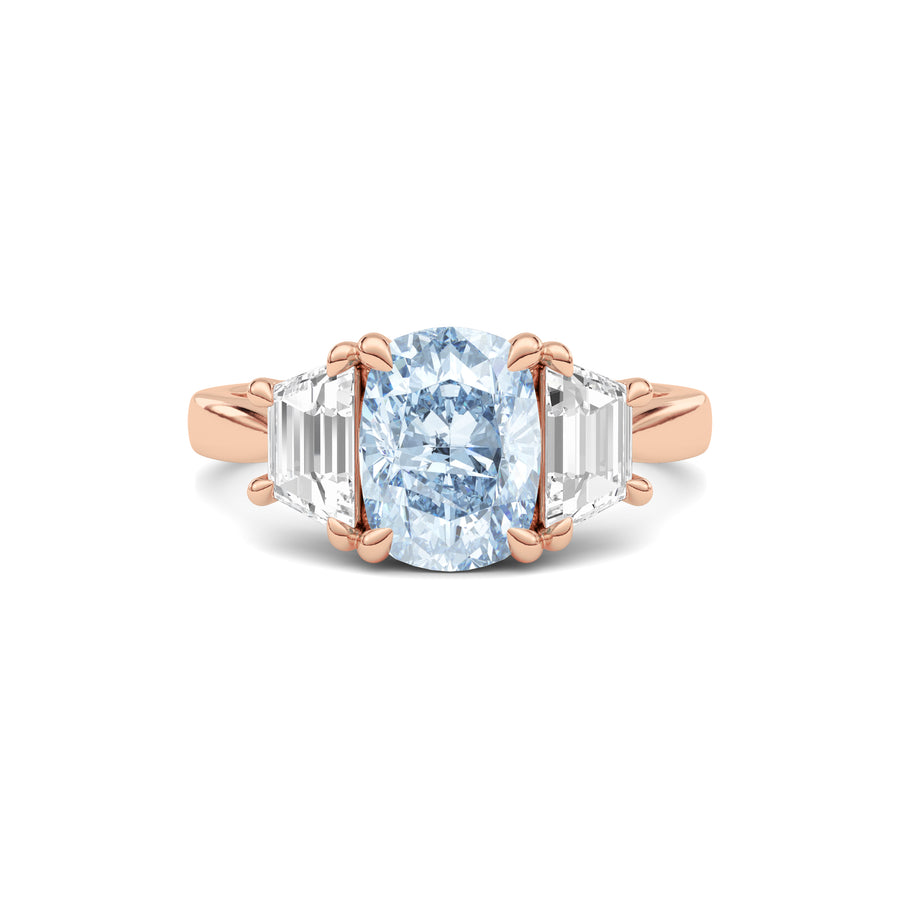 Rose gold Three-Stone Fancy Blue Cushion Cut Diamond Ring with Step-Cut Side Stones