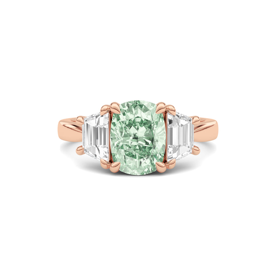 Rose gold Three-Stone Fancy Green Cushion Cut Diamond Ring with Step-Cut Side Stones
