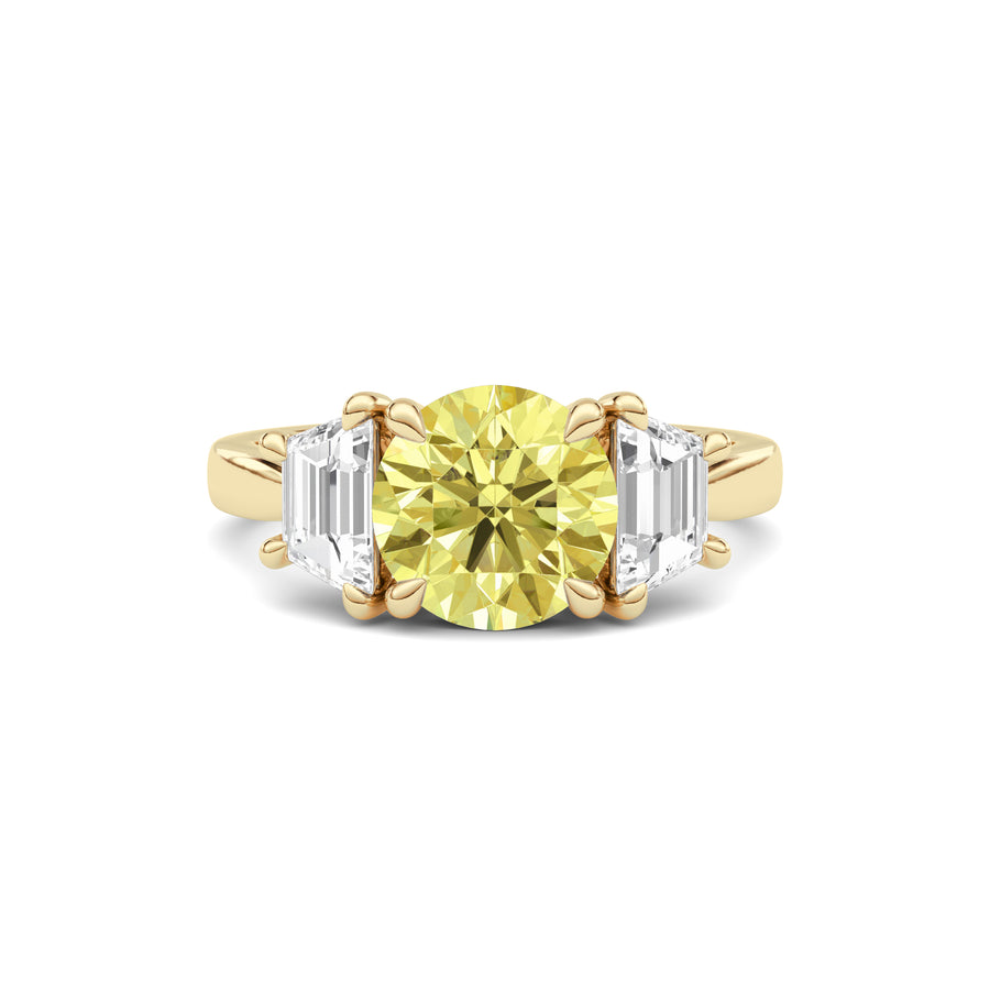 Yellow gold Three-Stone Fancy Yellow Round Cut Diamond Ring with Step-Cut Side Stones