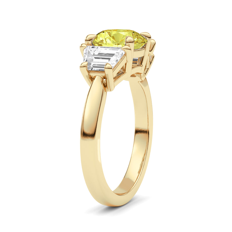 Yellow gold Three-Stone Fancy Yellow Round Cut Diamond Ring with Step-Cut Side Stones
