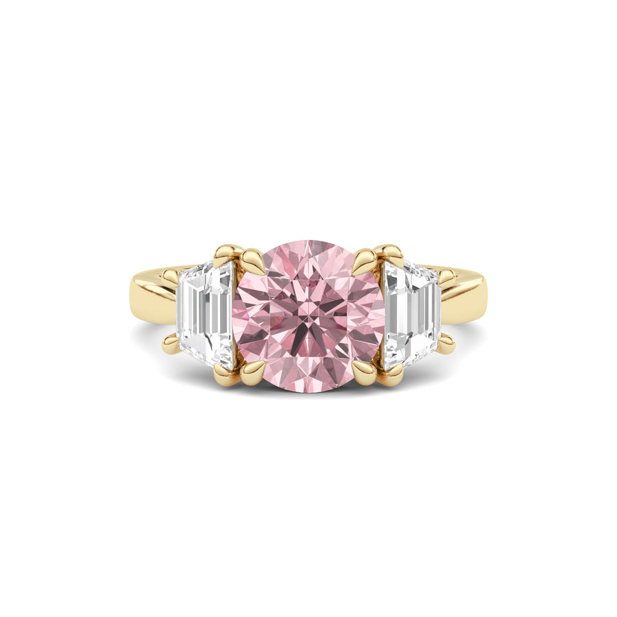 Yellow gold Three-Stone Fancy Pink Round Cut Diamond Ring with Step-Cut Side Stones