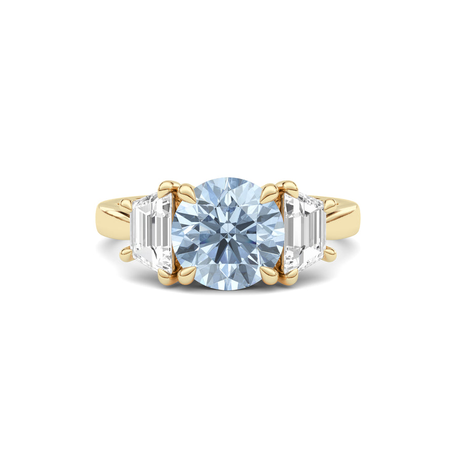 Yellow gold Three-Stone Fancy Blue Round Cut Diamond Ring with Step-Cut Side Stones