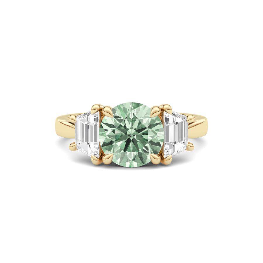 Yellow gold Three-Stone Fancy Green Round Cut Diamond Ring with Step-Cut Side Stones
