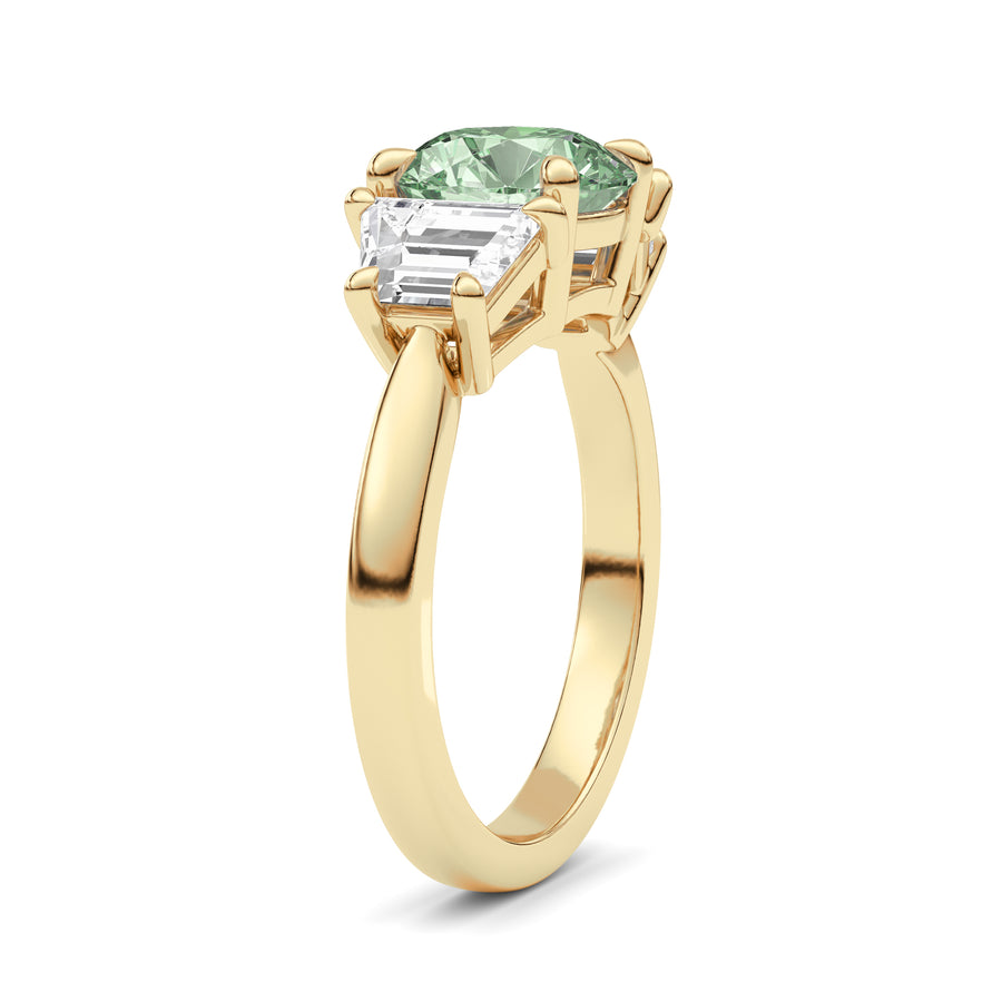 Yellow gold Three-Stone Fancy Green Round Cut Diamond Ring with Step-Cut Side Stones