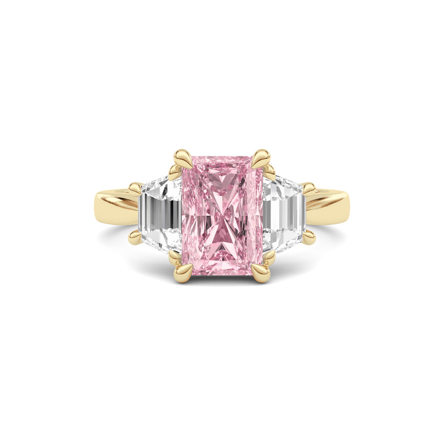 Yellow gold Three-Stone Fancy Pink Radiant Cut Diamond Ring with Step-Cut Side Stones