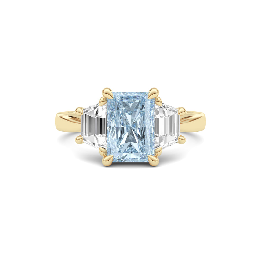 Yellow gold Three-Stone Fancy Blue Radiant Cut Diamond Ring with Step-Cut Side Stones