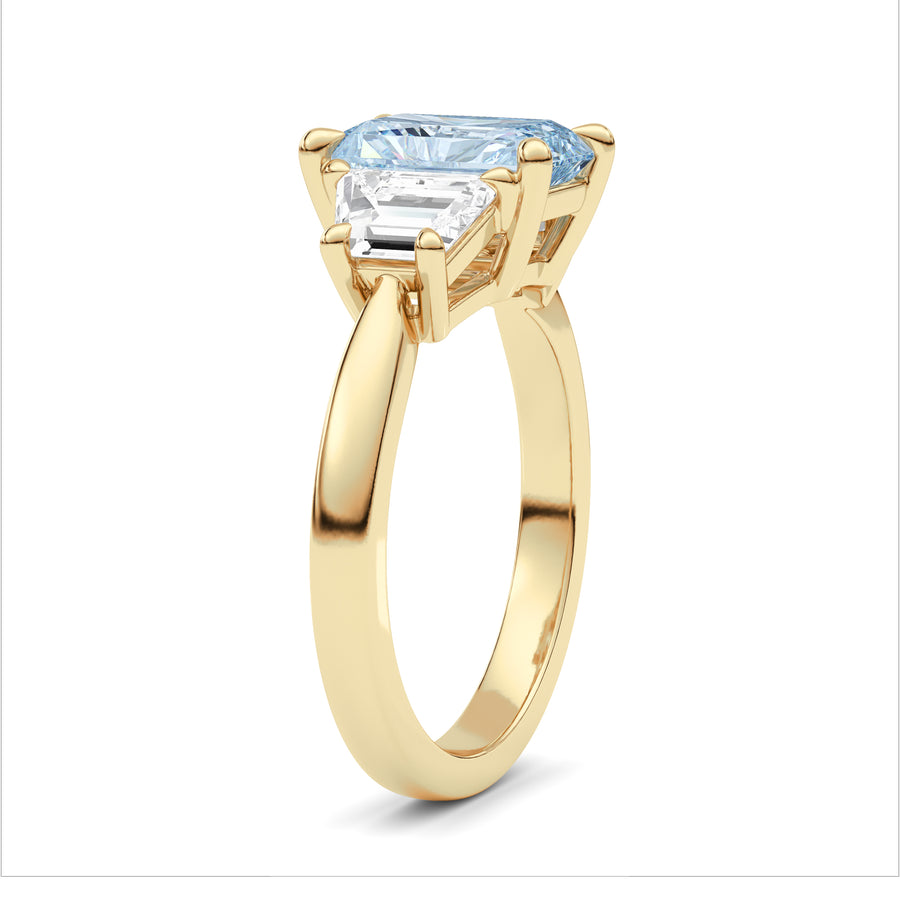 Yellow gold Three-Stone Fancy Blue Radiant Cut Diamond Ring with Step-Cut Side Stones