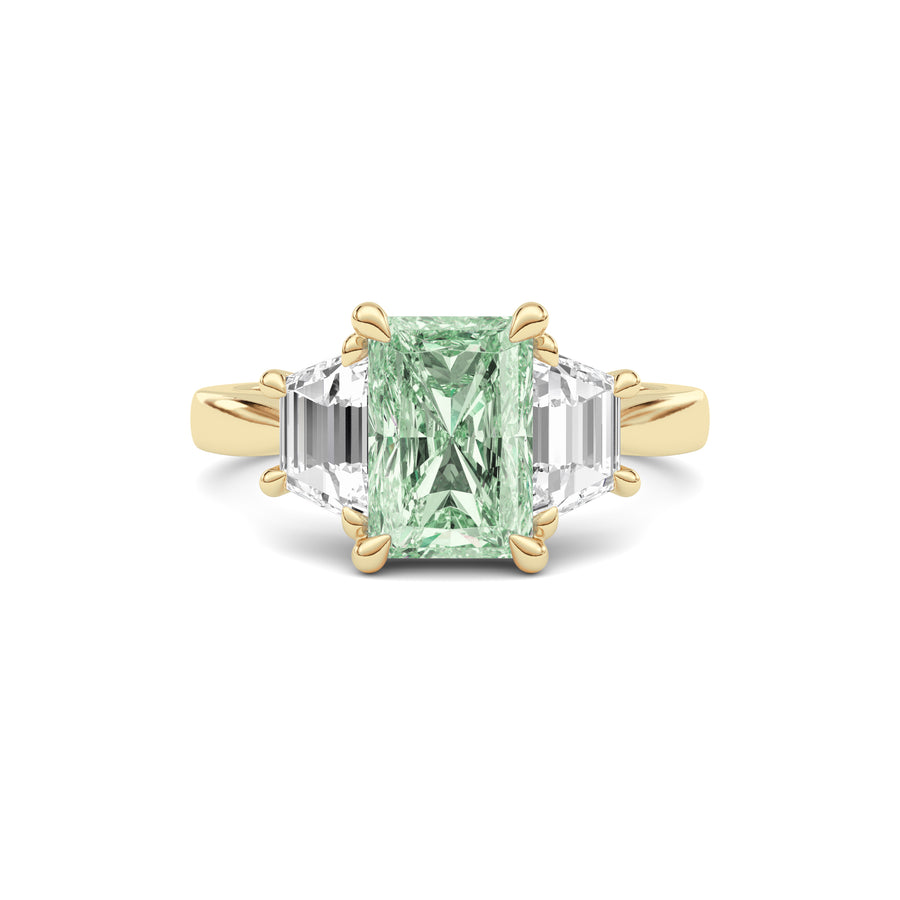 Yellow gold Three-Stone Fancy Green Radiant Cut Diamond Ring with Step-Cut Side Stones