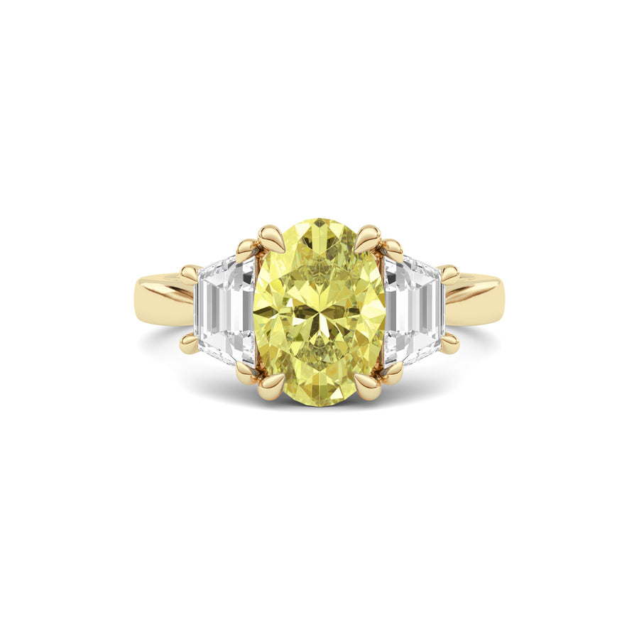 Yellow gold Three-Stone Fancy Yellow Oval Cut Diamond Ring with Step-Cut Side Stones