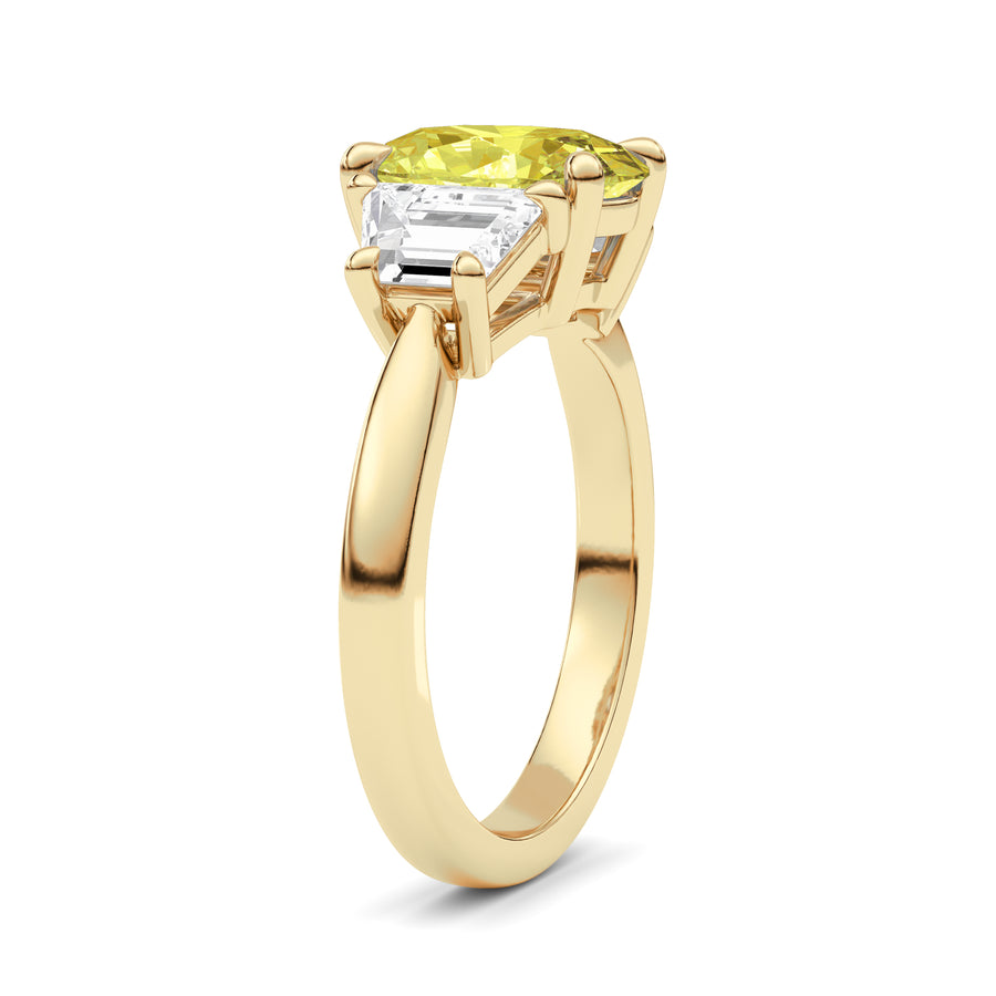 Yellow gold Three-Stone Fancy Yellow Oval Cut Diamond Ring with Step-Cut Side Stones