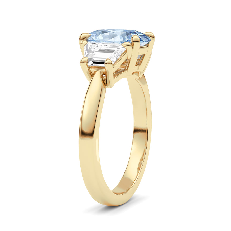 Yellow gold Three-Stone Fancy Blue Oval Cut Diamond Ring with Step-Cut Side Stones
