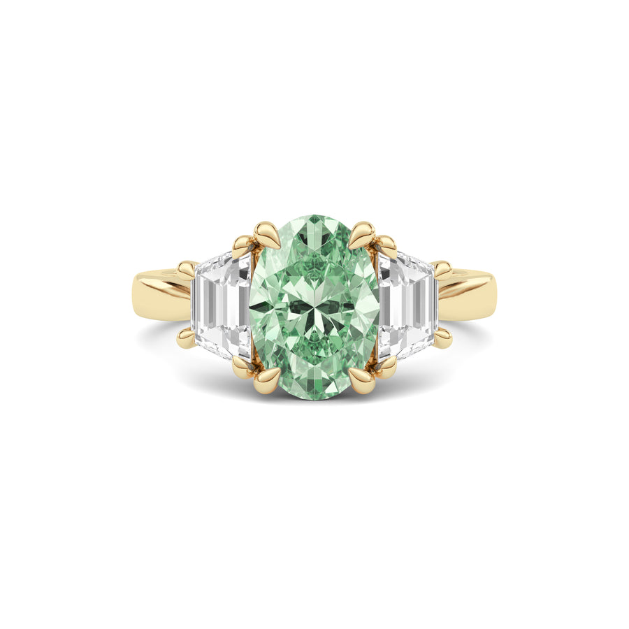 Yellow gold Three-Stone Fancy Green Oval Cut Diamond Ring with Step-Cut Side Stones