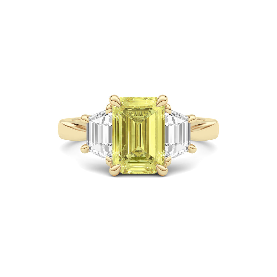 Yellow gold Three-Stone Fancy Yellow Emerald Cut Diamond Ring with Step-Cut Side Stones
