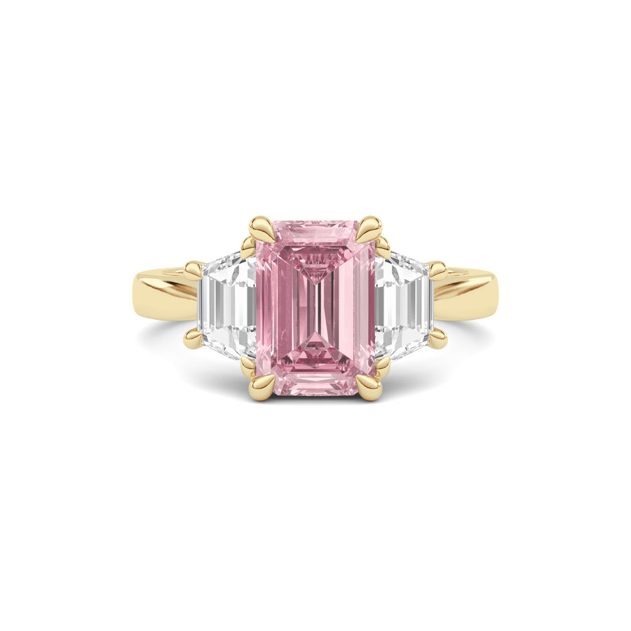 Yellow gold Three-Stone Fancy Pink Emerald Cut Diamond Ring with Step-Cut Side Stones