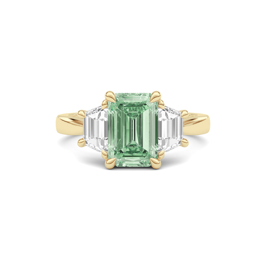 Yellow gold Three-Stone Fancy Green Emerald Cut Diamond Ring with Step-Cut Side Stones