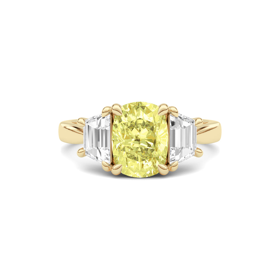 Yellow gold Three-Stone Fancy Yellow Cushion Cut Diamond Ring with Step-Cut Side Stones