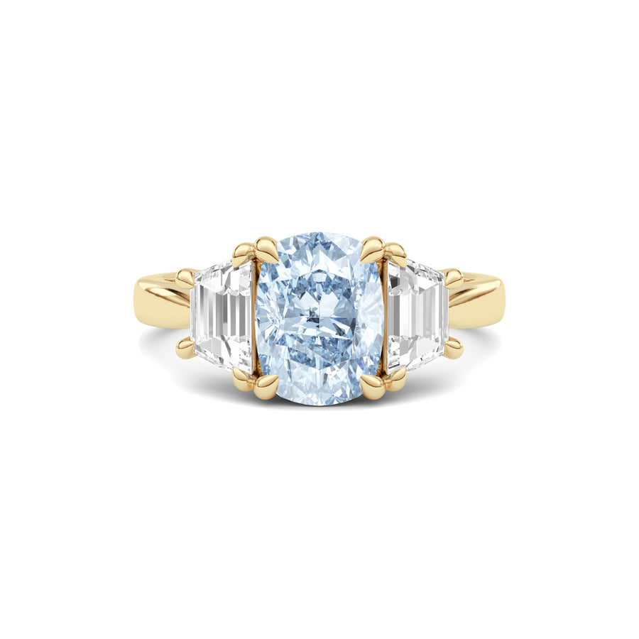 Yellow gold Three-Stone Fancy Blue Cushion Cut Diamond Ring with Step-Cut Side Stones