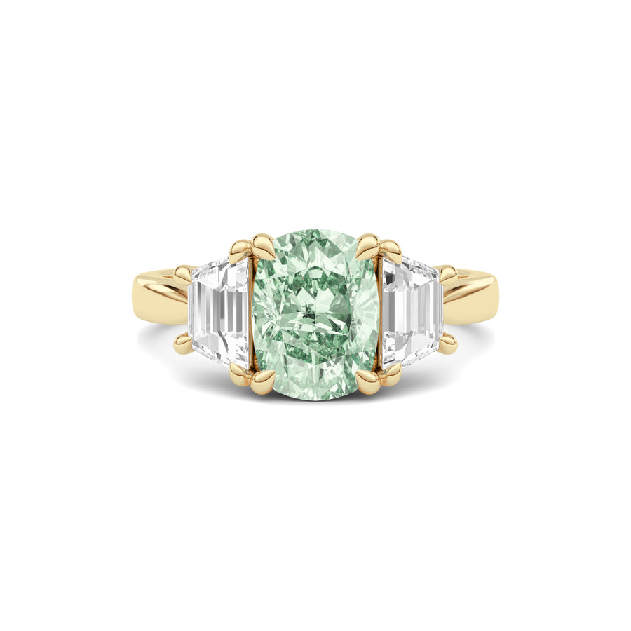 Yellow gold Three-Stone Fancy Green Cushion Cut Diamond Ring with Step-Cut Side Stones
