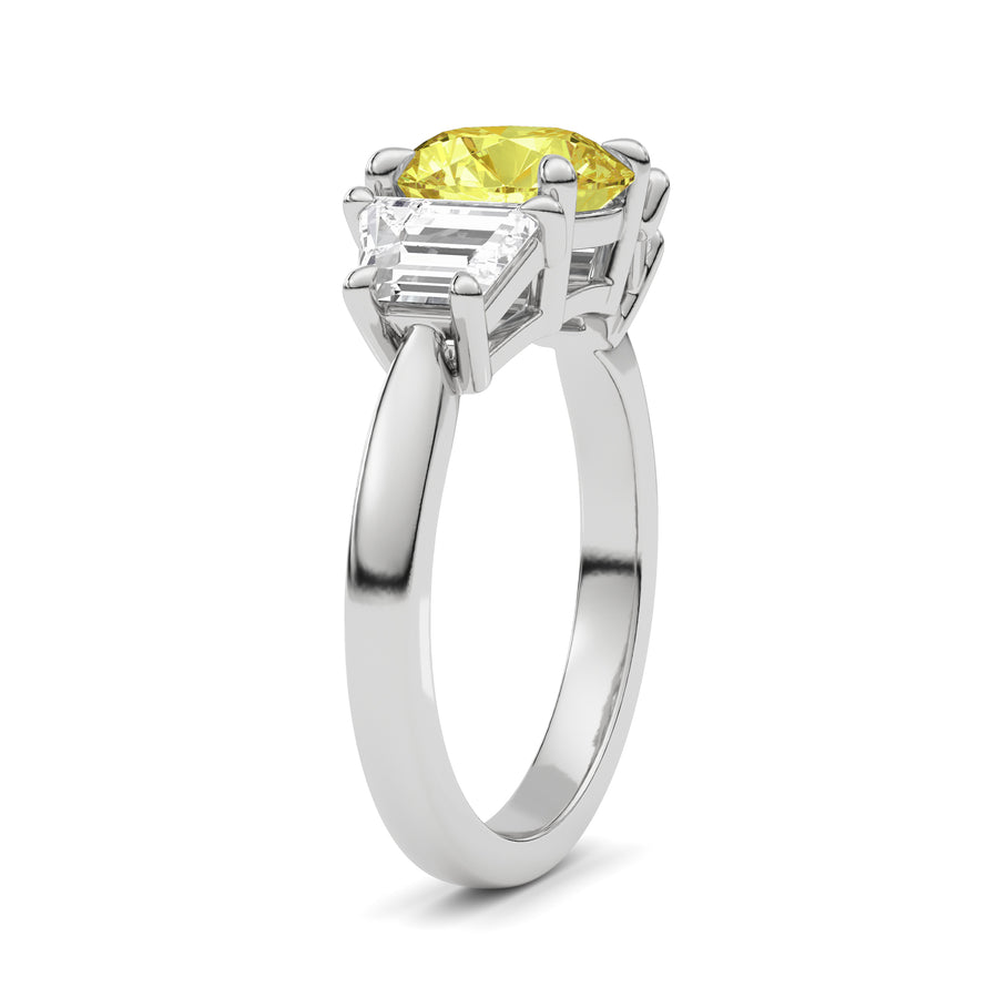 White gold Three-Stone Fancy Yellow Round Cut Diamond Ring with Step-Cut Side Stones