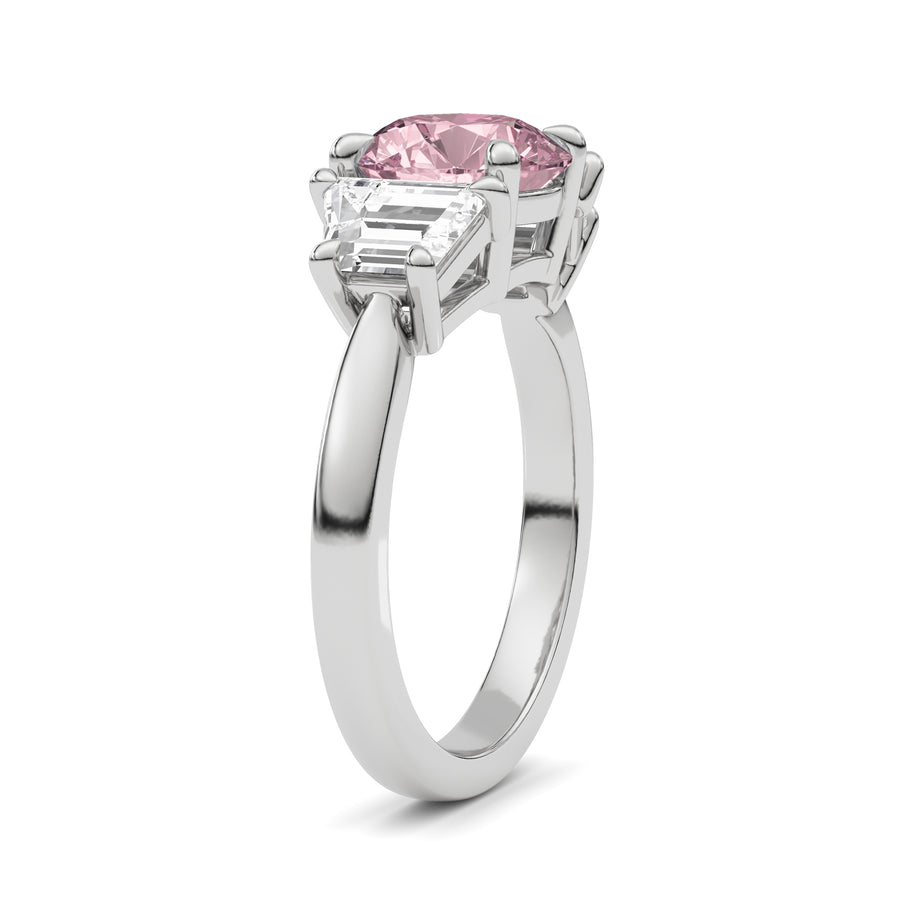 White gold Three-Stone Fancy Pink Round Cut Diamond Ring with Step-Cut Side Stones