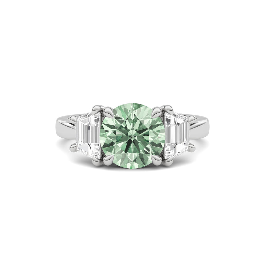White gold Three-Stone Fancy Green Round Cut Diamond Ring with Step-Cut Side Stones